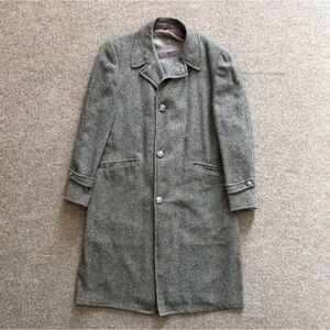 VTG Robert Hall Grey Tweed Long Wool Pea Coat Men’s L 3 Button Collared Overcoat